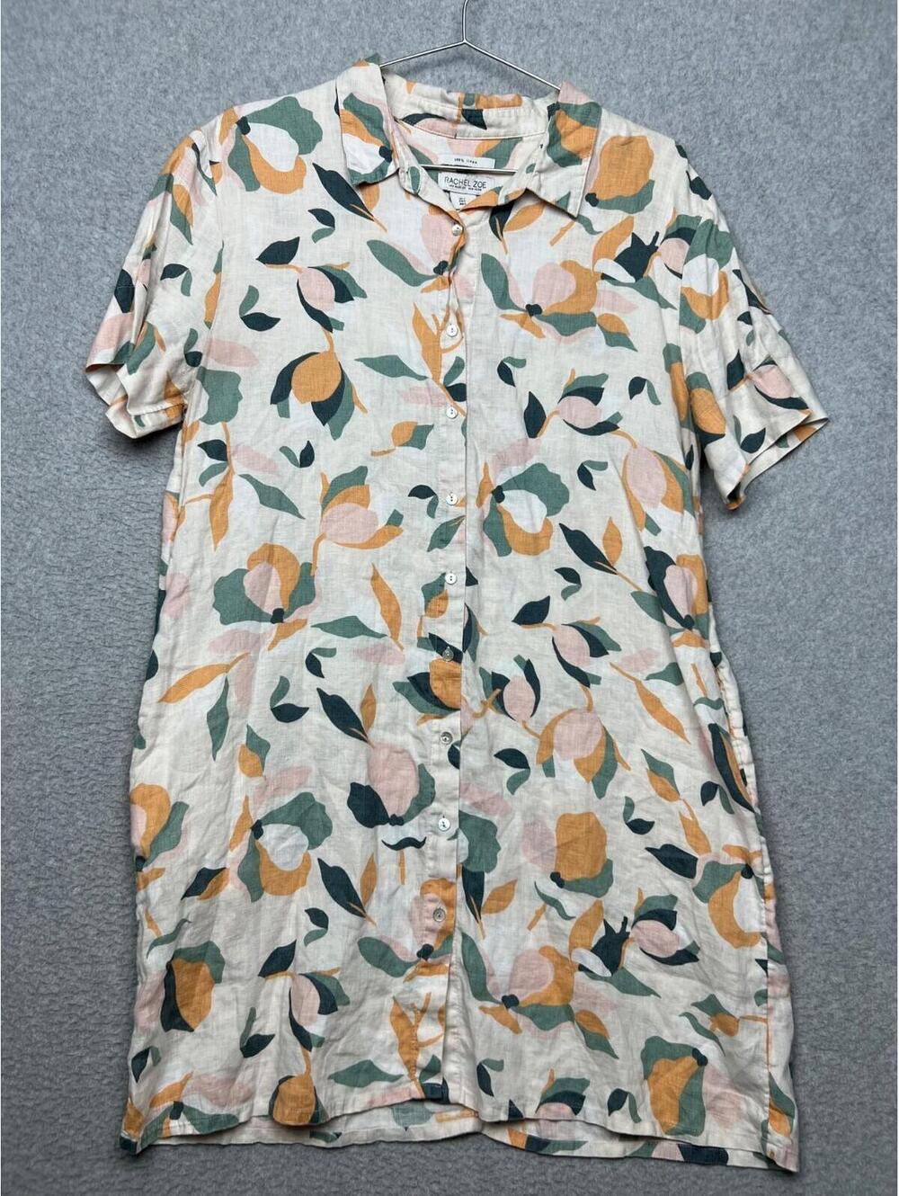 Rachel Zoe Shirt Dress Womens Large Linen Button Up Floral Casual Beach Vacation